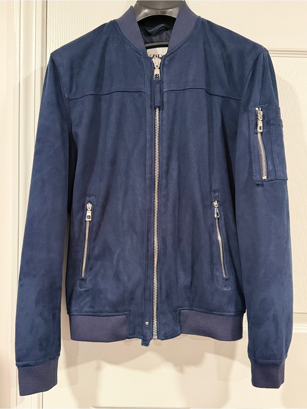 Zara Navy Blue Bomber Jacket with Zip Pockets